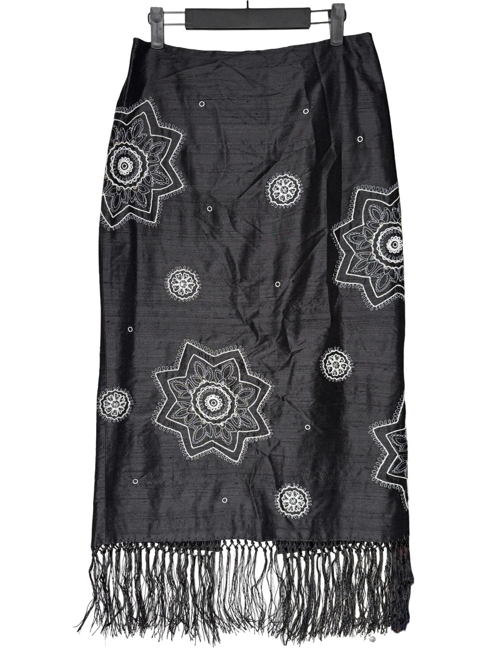 Lillie Rubin 100% Silk Fringe Midi Skirt Sz 6 Black Embroidered Floral Boho VTG